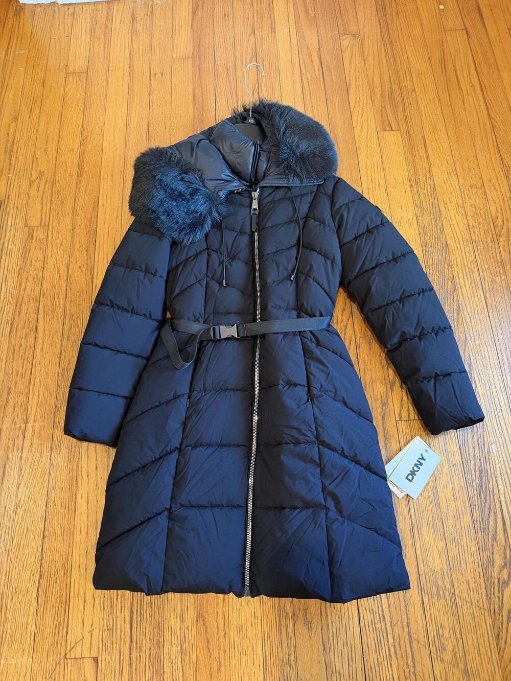 DKNY Womens XS Blk Belted Faux FurHooded Quilted Puffer Coat